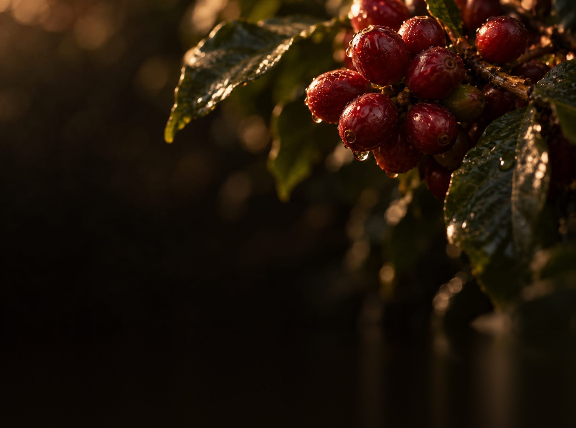 Cerezas maduras de café en la rama, en macro, con luz cálida rasante
