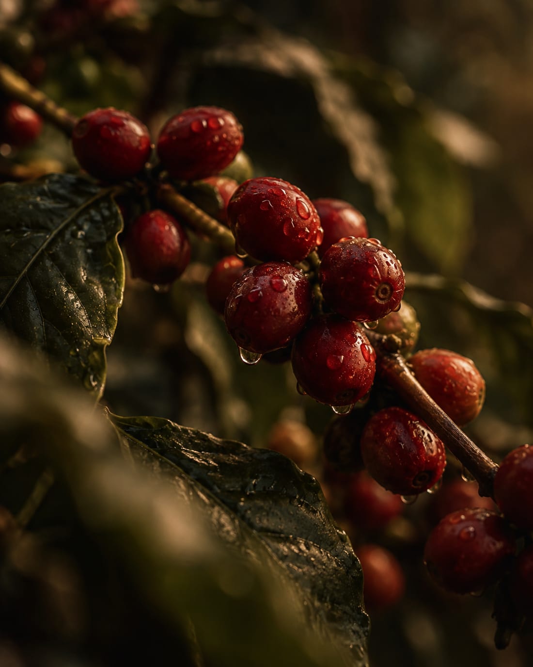 Cerezas maduras de café con gotas de lluvia