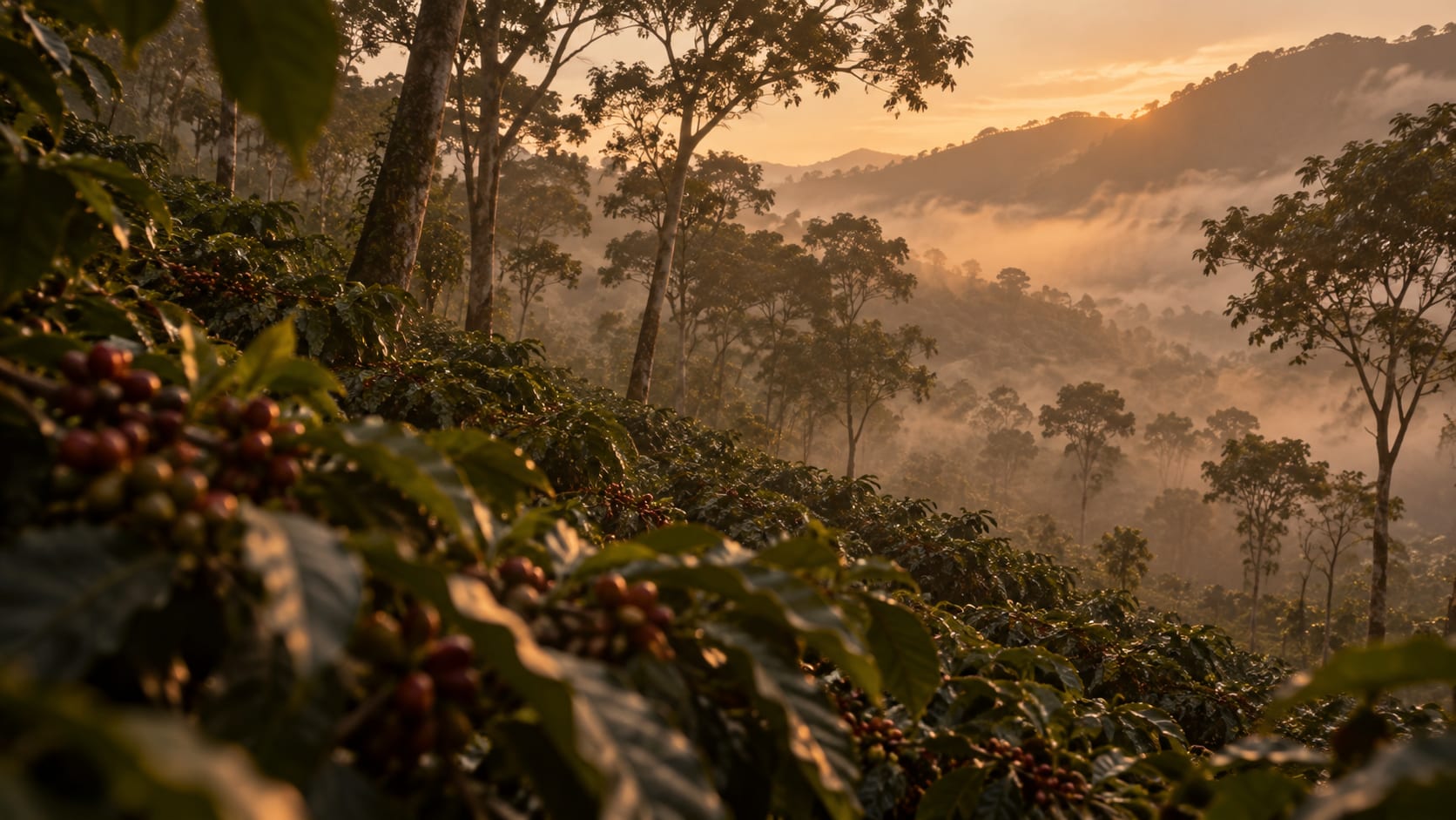 Neblina al amanecer sobre los cafetales de Boquete, en luz dorada