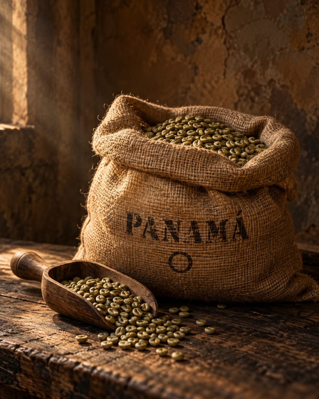 Saco de café verde con sello PANAMÁ y una pala de madera