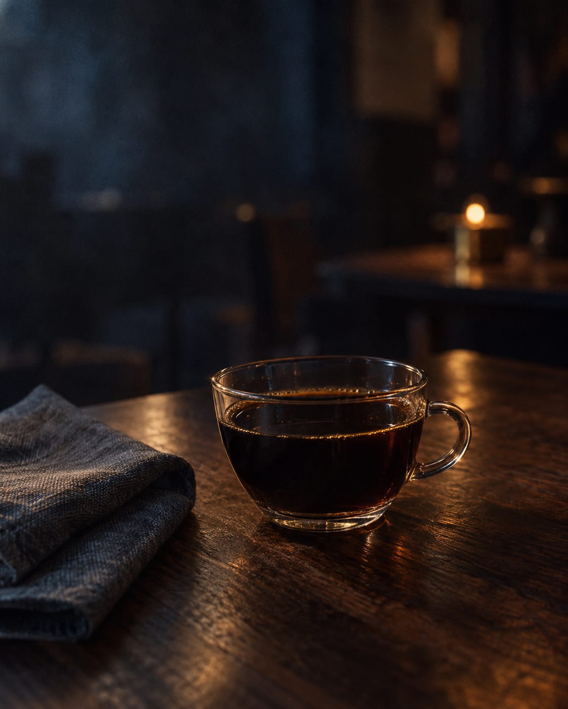 Taza de vidrio con café sobre la mesa de un restaurante, a la luz de una vela