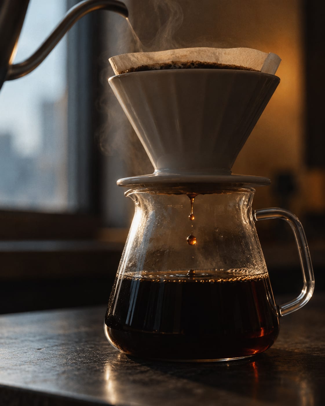 V60 de porcelana goteando en una jarra de vidrio, con vapor y luz de ventana